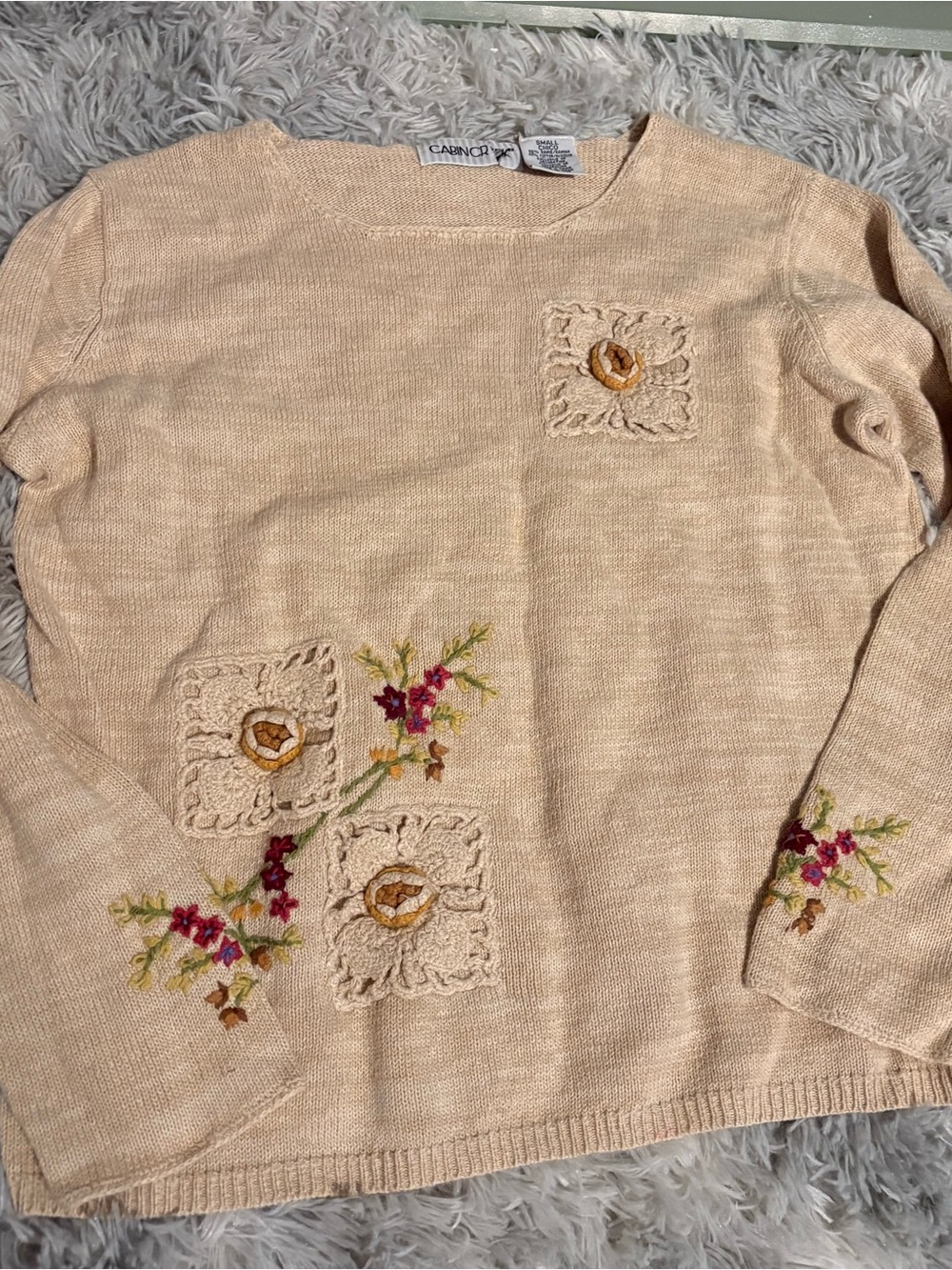 Cabin Creek Cream Embroidered Crewneck Sweater with Floral Accents